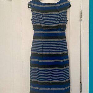 Calvin Klein blue/gray/black striped belted sheath dress size 2